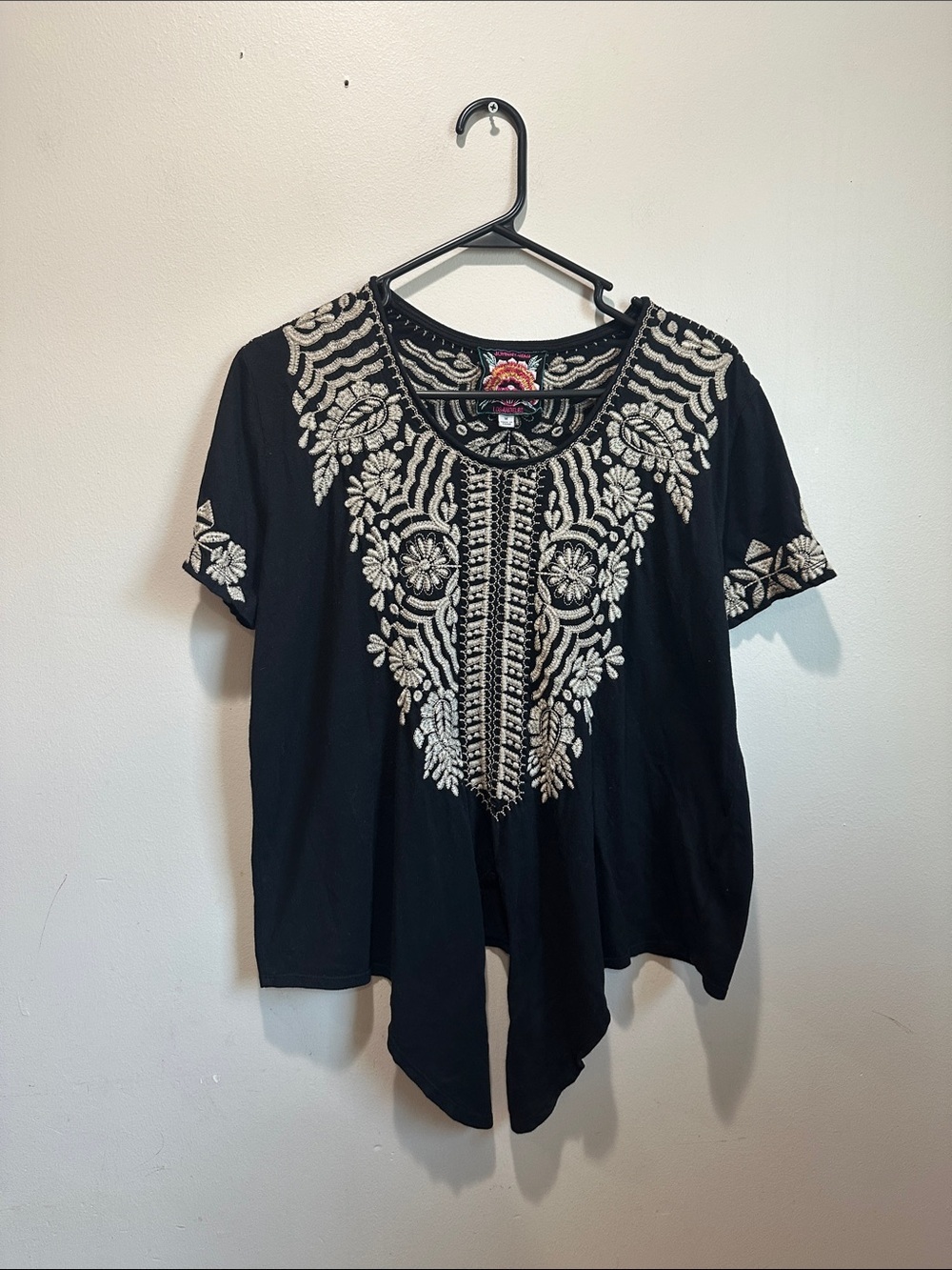 Johnny Was Black Tunic with Cream Embroidered Yoke 100%Cotton